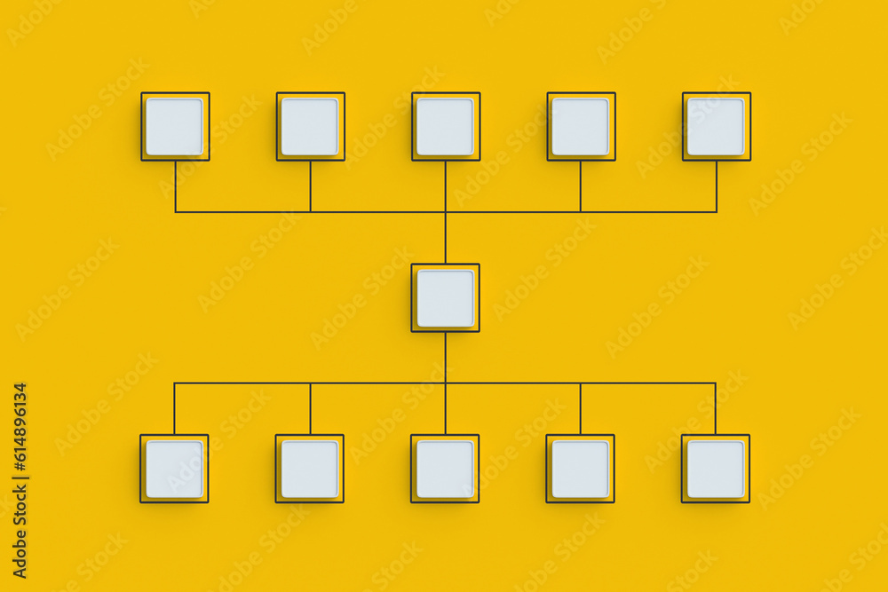 Scheme made from empty buttons. Hierarchical organizational chart concept. Management and marketing. Employee position. Flowchart of hiring and dismissal. Corporate communication. Top view. 3d render