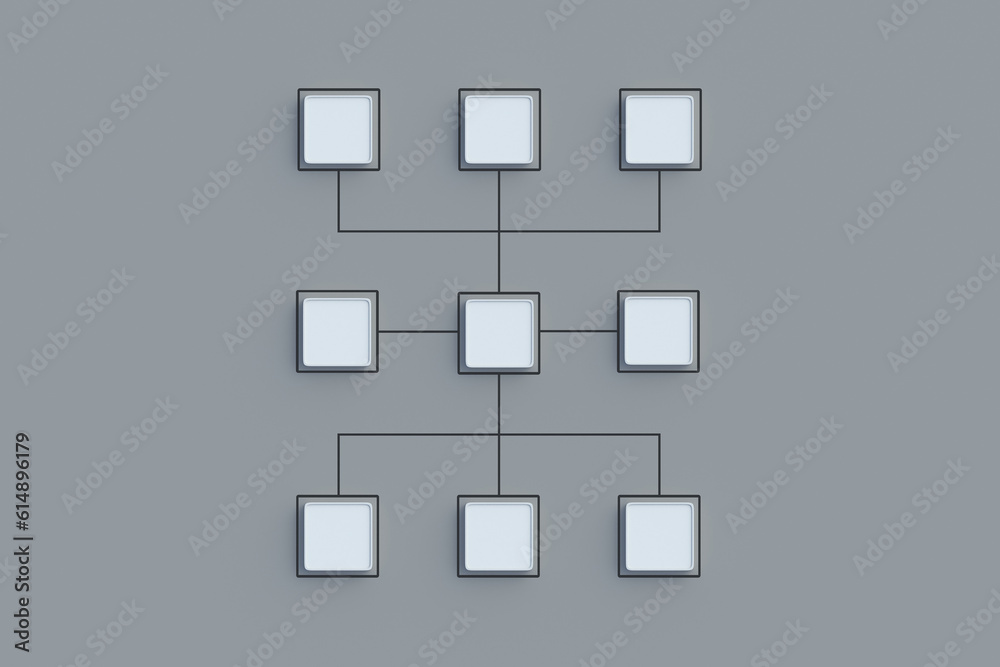 Scheme made from empty buttons. Hierarchical organizational chart concept. Company structure. Management and marketing. Network distribution. Corporate communication. Top view. 3d render Scheme made from empty buttons. Hierarchical organizational chart concept. Company structure. Management and marketing. Network distribution. Corporate communication. Top view. 3d render