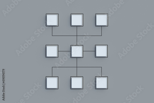 Scheme made from empty buttons. Hierarchical organizational chart concept. Company structure. Management and marketing. Network distribution. Corporate communication. Top view. 3d render