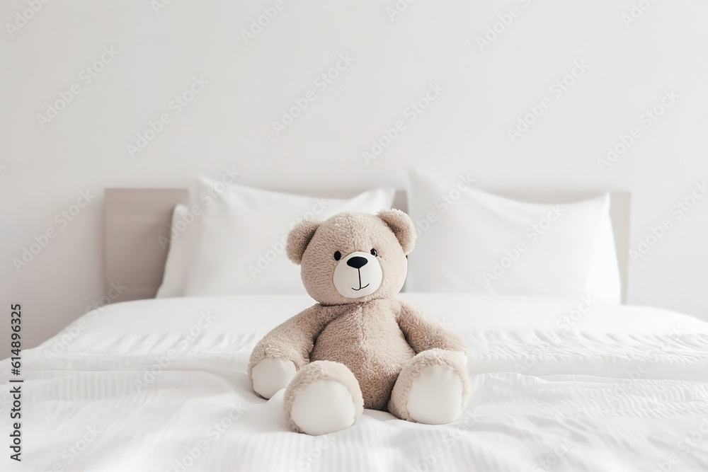 Cute little teddy bear sitting alone on white bed in morning, generative ai.