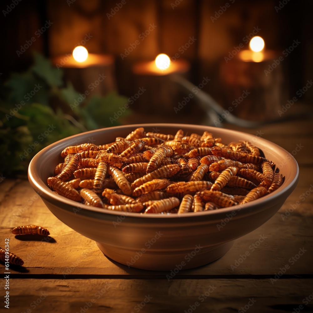 Snack insects. Tasty Mealworm larvae as food in a wooden bowl. Fried worms for sale. Roasted mealworms. Ai generated - obrazy, fototapety, plakaty 