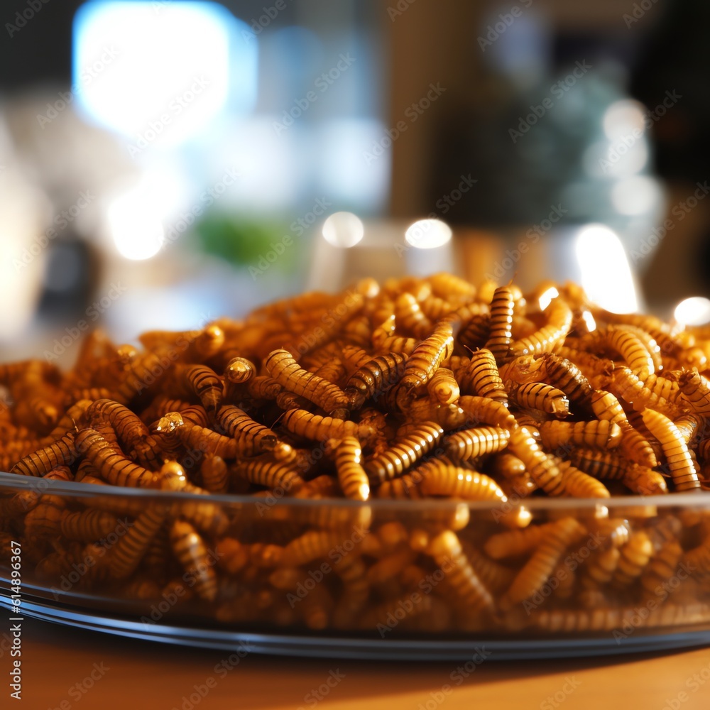Snack insects. Tasty Mealworm larvae as food on a glass bowl Fried worms for sale. Roasted mealworms. Ai generated - obrazy, fototapety, plakaty 
