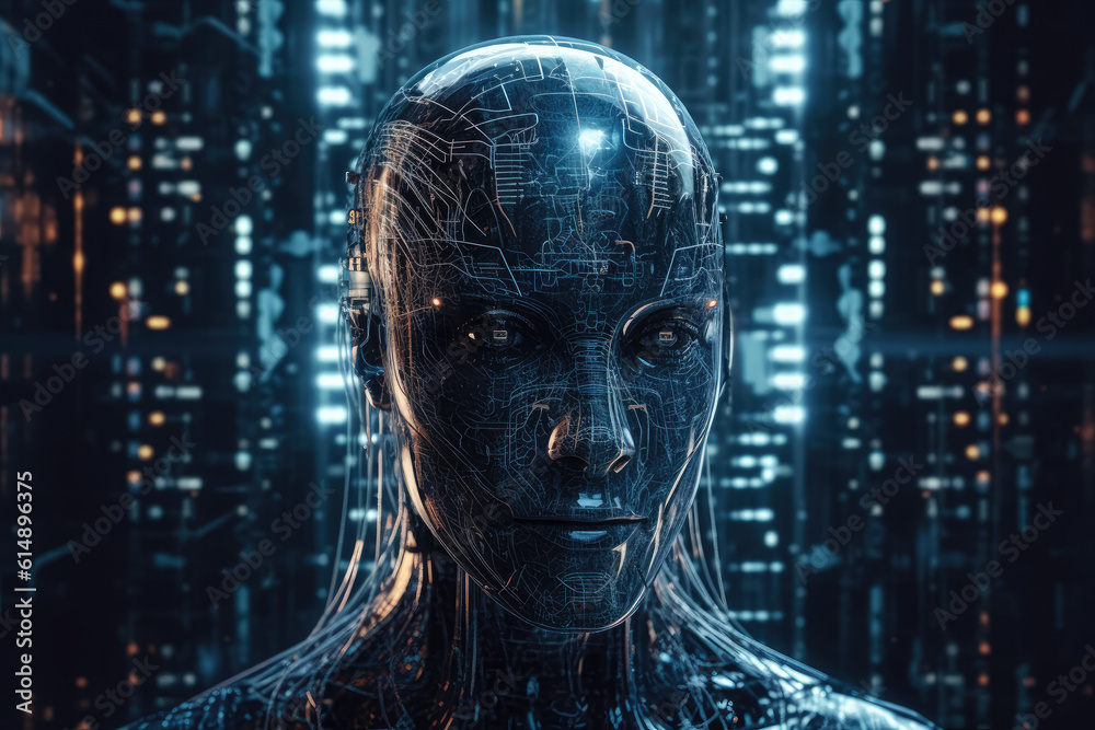 A metallic humanoid robot's head showcasing modern innovation and futuristic technology. Generative AI, AI. A metallic humanoid robot's head showcasing modern innovation and futuristic technology. Generative AI, AI.