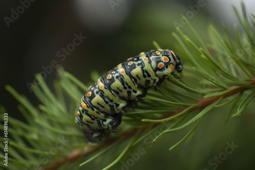 Papilio zelicaon pupa on dill plant stem in the garden.  photo