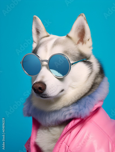 portrait of husky dog with round pink glasses in suit on a blue minimalistic background, ai generative © Another Dimension