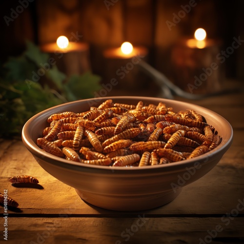 Snack insects. Tasty Mealworm larvae as food in a wooden bowl. Fried worms for sale. Roasted mealworms. Ai generated