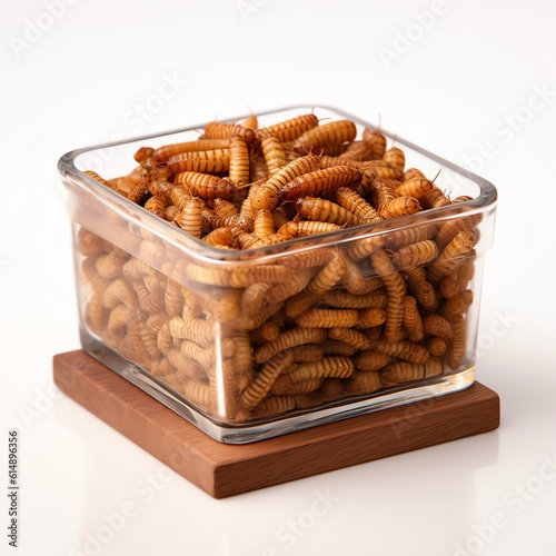 Snack insects. Tasty Mealworm larvae as food in a glass bowl on white background. Fried worms for sale. Roasted mealworms. Ai generated photo