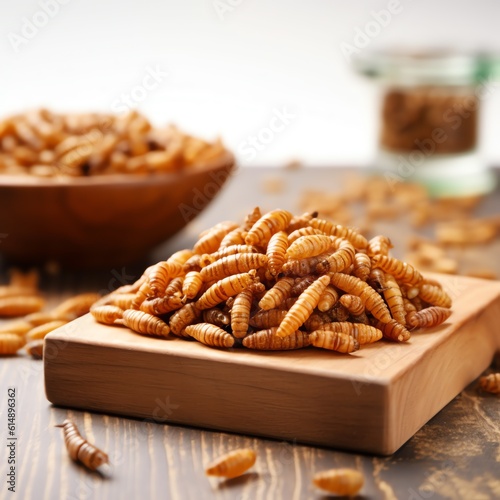 Snack insects. Tasty Mealworm larvae as food on a wooden board. Fried worms for sale. Roasted mealworms. Ai generated