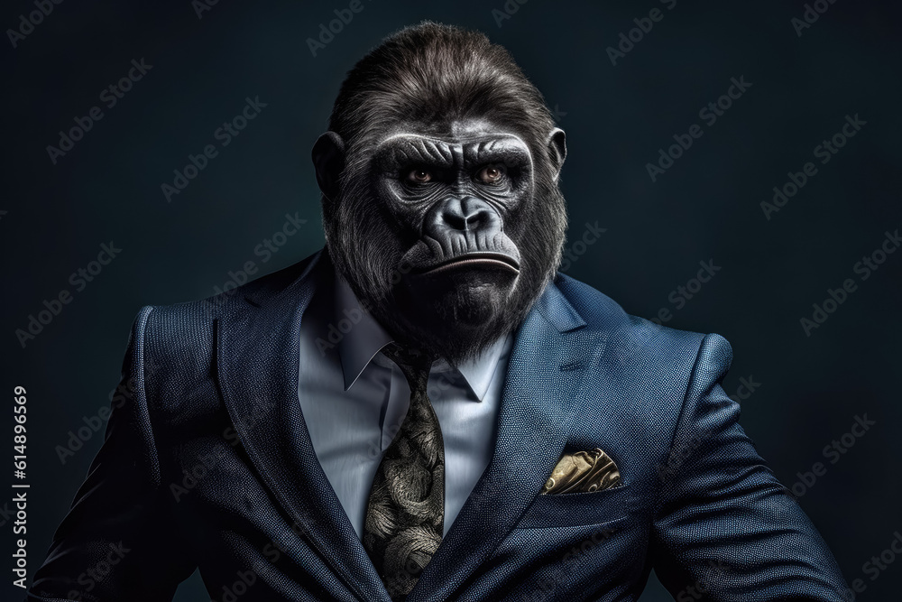 In a unique and intriguing concept, a gorilla is depicted wearing a stylish suit, merging the worlds of nature and business. The gorilla, known for its strength and power. Generative Ai, Ai. In a unique and intriguing concept, a gorilla is depicted wearing a stylish suit, merging the worlds of nature and business. The gorilla, known for its strength and power. Generative Ai, Ai.