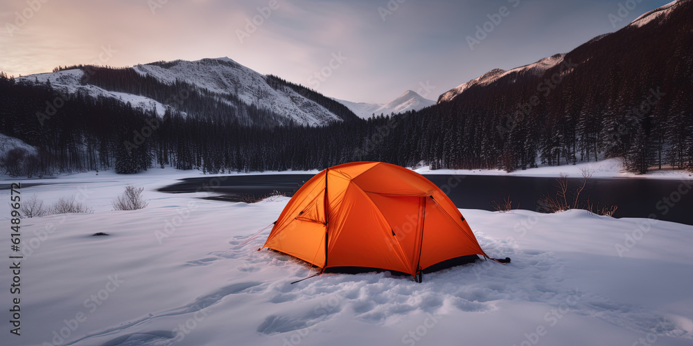 Orange tourist tent on a snow in the mountains lonely winter hiking, generative AI
