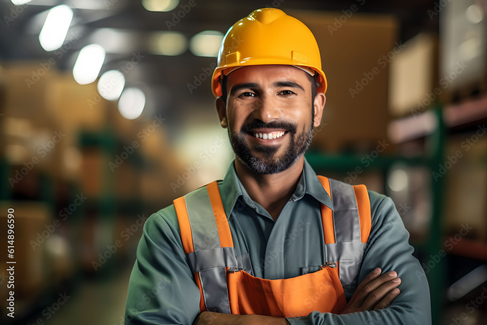 Candid shot of a confident male factory worker with arms crossed, industrial construction industry Candid shot of a confident male factory worker with arms crossed, industrial construction industry