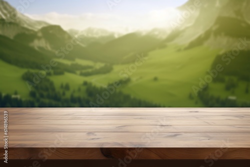 Empty brown wooden tabletop over against the backdrop green mountains