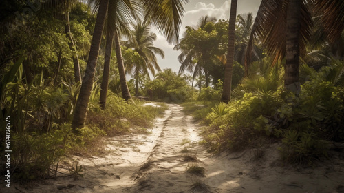 A palm-lined beach pathway leading to a distant horizon 