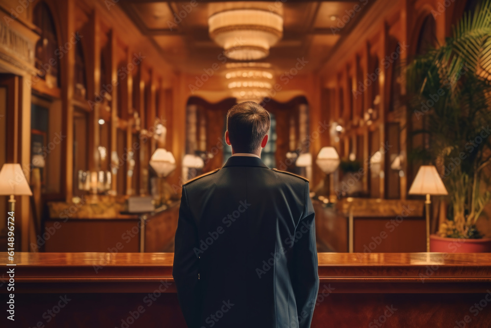 Professional and welcoming receptionist at the front desk of a high-end hotel, ready and waiting to assist guests with their needs and desires. Backview. Generative AI Technology. Professional and welcoming receptionist at the front desk of a high-end hotel, ready and waiting to assist guests with their needs and desires. Backview. Generative AI Technology.