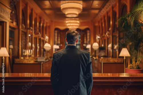 Professional and welcoming receptionist at the front desk of a high-end hotel, ready and waiting to assist guests with their needs and desires. Backview. Generative AI Technology.