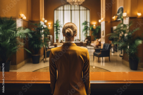 Professional and welcoming receptionist at the front desk of a high-end hotel, ready and waiting to assist guests with their needs and desires. Backview. Generative AI Technology.