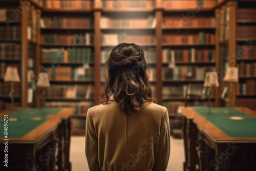 A captivating image of a girl in a library standing in front of rows of books with her back turned, lost in thought and contemplation. Generative AI Technology.