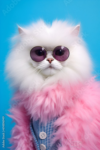 cat in suit and glasses, cute persian furry cat with glasses and fashionable clothes on a blue minimalistic background, ai generative