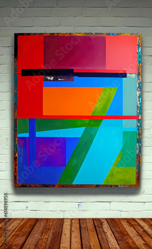 Colorful abstract framed artwork canvas hanging on a white brick wall in a gallery
