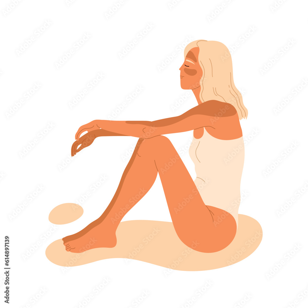 Woman with sunburn. Girl with sunstroke. Sun tanning, UV exposure. Body skin care and protection. Vector illustration in cartoon style. Isolated background Woman with sunburn. Girl with sunstroke. Sun tanning, UV exposure. Body skin care and protection. Vector illustration in cartoon style. Isolated background