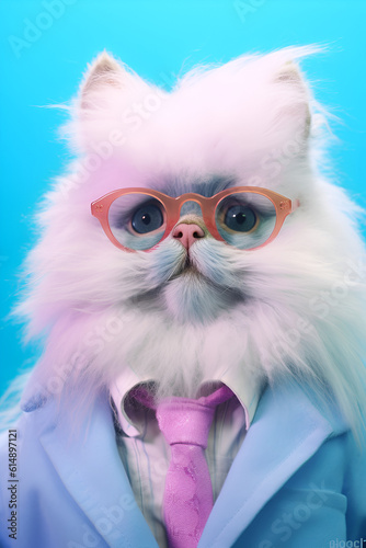 cat in suit and glasses, cute persian furry cat with glasses and fashionable clothes on a blue minimalistic background, ai generative