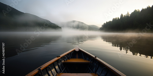 amazing panoramic view with the bow of the boat floating on a calm surface of Mountain Lake, generative AI