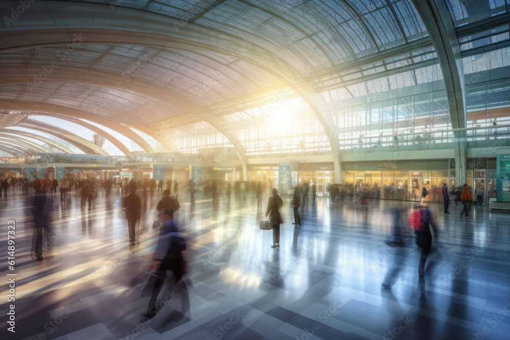 A busy airport terminal with a blur effect on the rushing passengers hurrying to board their planes. The image captures the fast-paced and dynamic atmosphere of the airport. Generative AI Technology. A busy airport terminal with a blur effect on the rushing passengers hurrying to board their planes. The image captures the fast-paced and dynamic atmosphere of the airport. Generative AI Technology.