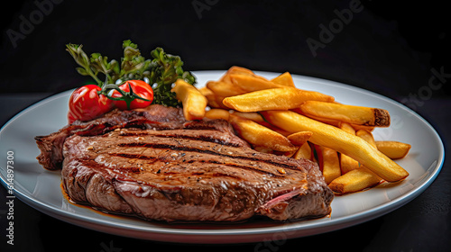 Obraz na płótnie A beautiful veal entrecote on a white plate accompanied by french fries and fried peppers. Copy space. Generative IA. 2 w salonie