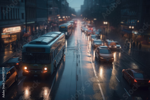 Buses and trucks in the city, bustling on the streets, showcasing the dynamic concept of urban traffic and transportation. Generative Ai, Ai.