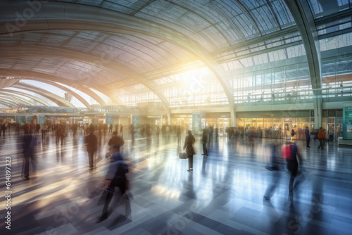 A busy airport terminal with a blur effect on the rushing passengers hurrying to board their planes. The image captures the fast-paced and dynamic atmosphere of the airport. Generative AI Technology.