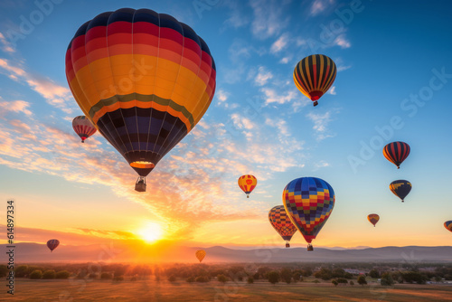 A vibrant photograph capturing the joy and whimsy of a plethora of colorful balloons soaring high in the sky, conveying a sense of freedom, adventure, and childlike wonder. Generative AI Technology
