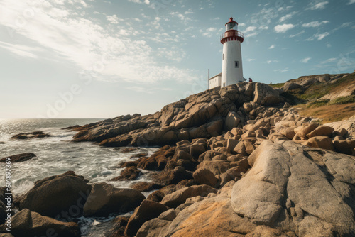 Captivating and serene, this landscape features a striking lighthouse against the vast sea. Ideal for travel, nature, and adventure themes. Generative AI Technology.