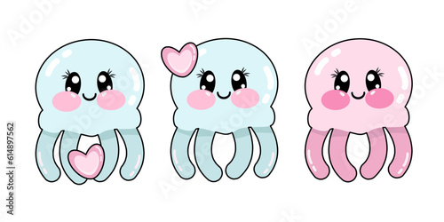 Set of vector illustration of a happy kawaii little jellyfish with hearts. Soft pink and blue cute cartoon jellyfish isolated on a white background. Vector adorable cute kawaii characters set.