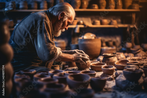 Old potter making a clay pot. Generative AI Technology.