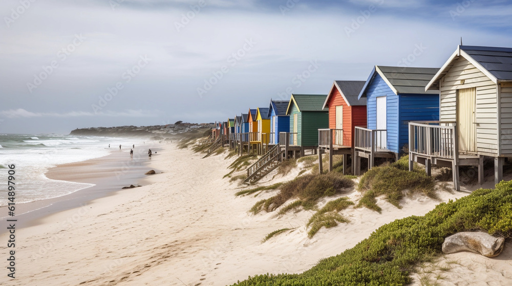 A beach section with a row of colorful beach huts along the coastline