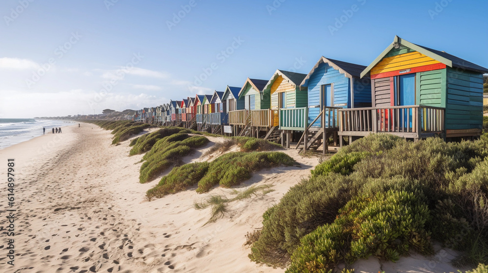 Fototapeta premium A beach section with a row of colorful beach huts along the coastline