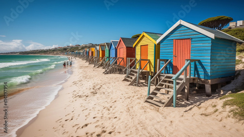 A beach section with a row of colorful beach huts along the coastline