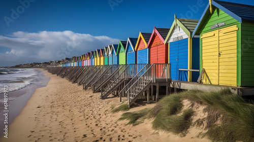 A beach section with a row of colorful beach huts along the coastline