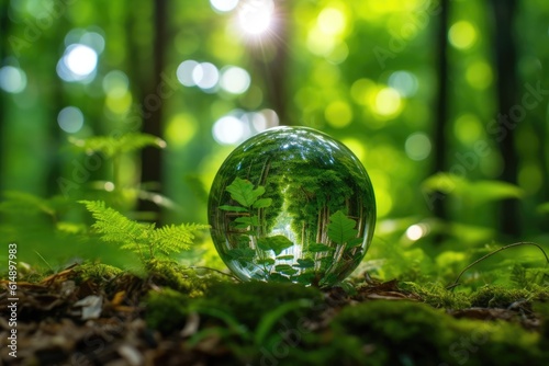 Close - up photo of a glass globe nestled in a lush green forest. Generative AI