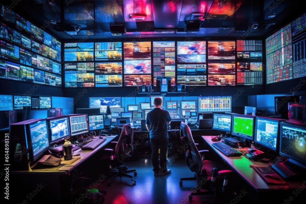 A fire control room, with engineers monitoring fire prevention systems and alarms. Generative AI A fire control room, with engineers monitoring fire prevention systems and alarms. Generative AI
