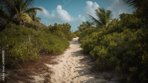 A palm-lined beach pathway leading to a distant horizon