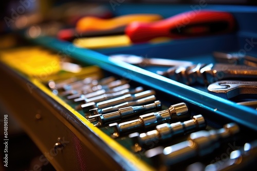 Close - up view of a toolbox at a mechanic's shop, focusing on the tools inside. Generative AI