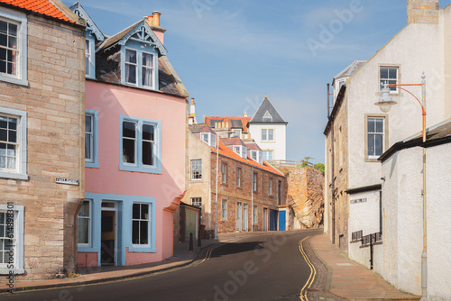 Quaint and quiet old town street in the colourful seaside fishing village of Pittenweem, East Neuk, Fife, Scotland, UK.