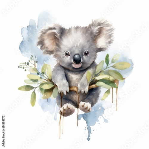 Watercolor illustration of cute baby koala hanging from eucalyptus branch on white background. Generative AI