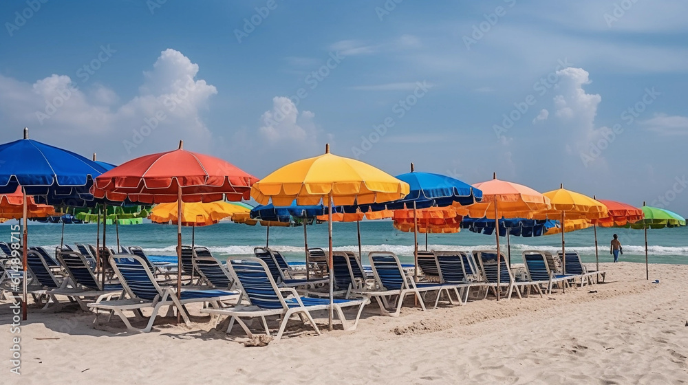 A row of beach loungers under colorful beach umbrellas, ready for relaxing hours by the beach