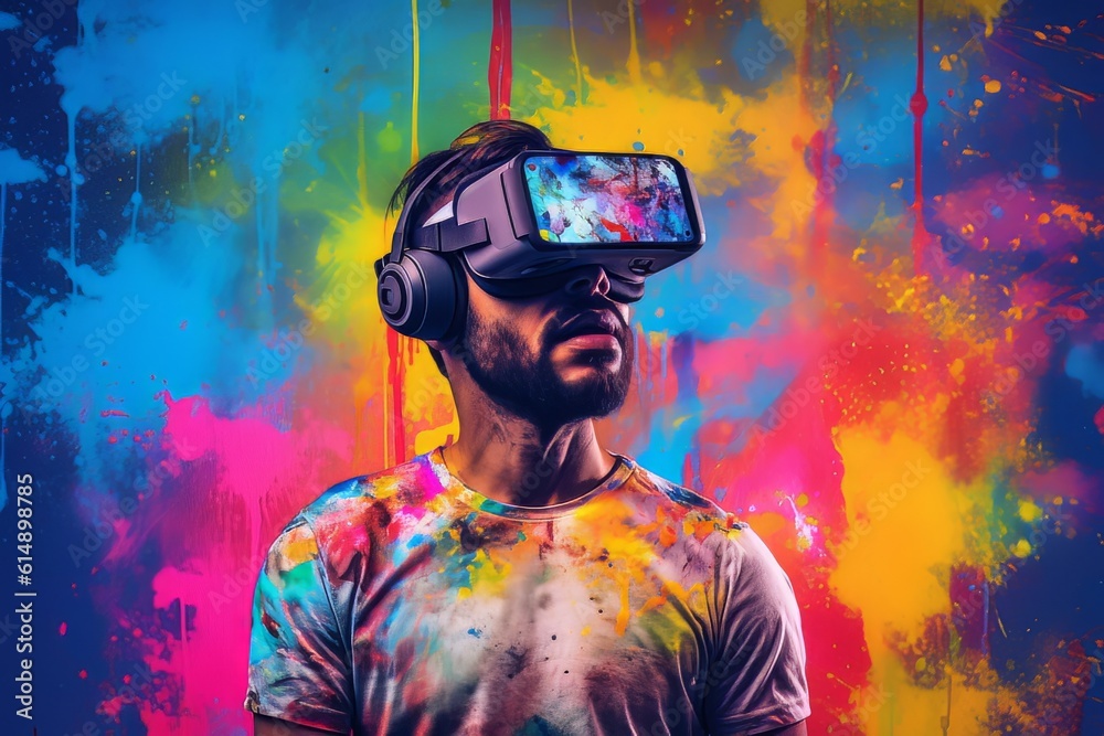 Man with beard face in virtual reality glasses isolated on neon background AI Man with beard face in virtual reality glasses isolated on neon background AI