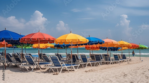 A row of beach loungers under colorful beach umbrellas, ready for relaxing hours by the beach