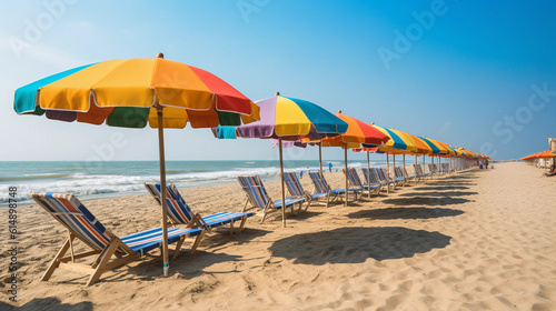 A row of beach loungers under colorful beach umbrellas, ready for relaxing hours by the beach © Milan