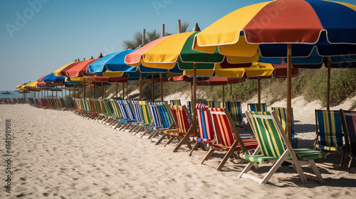 A row of beach loungers under colorful beach umbrellas  ready for relaxing hours by the beach