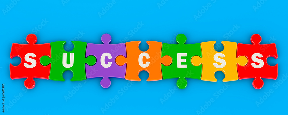 Success from colored puzzles, 3D rendering Success from colored puzzles, 3D rendering